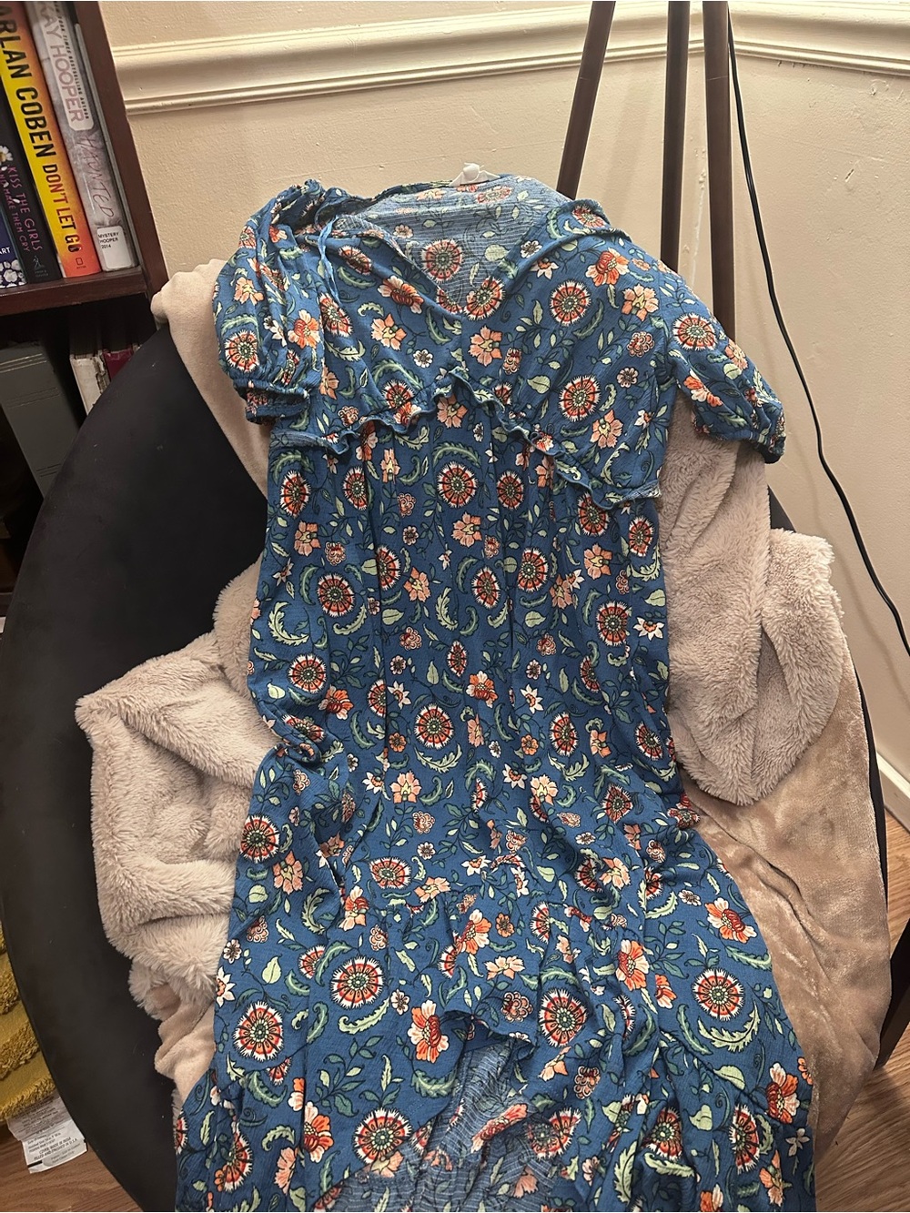 Blue Floral Maxi Dress with Smocked Yoke by